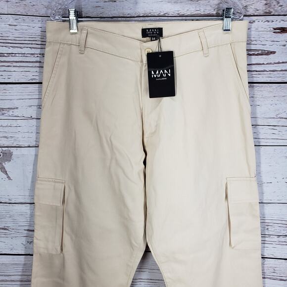 Boohoo Man Relaxed Fit Cargo Chino Trousers Stone Color Pants Size 34R - Picture 2 of 12